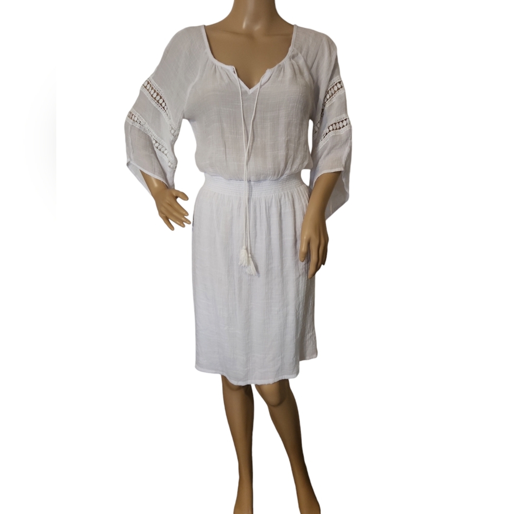 Mlle Gabrielle Womens S White Gauze Elastic Waist Lace Trim Dress